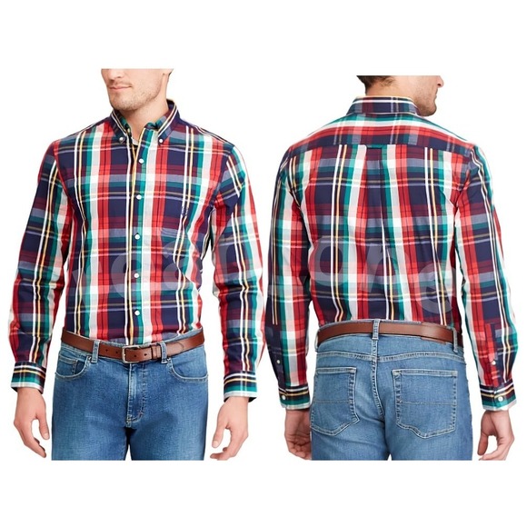 Chaps Other - CHAPS Men's Newport Navy Stretch Poplin Plaid Button Down Long-Sleeve Shirt L/G